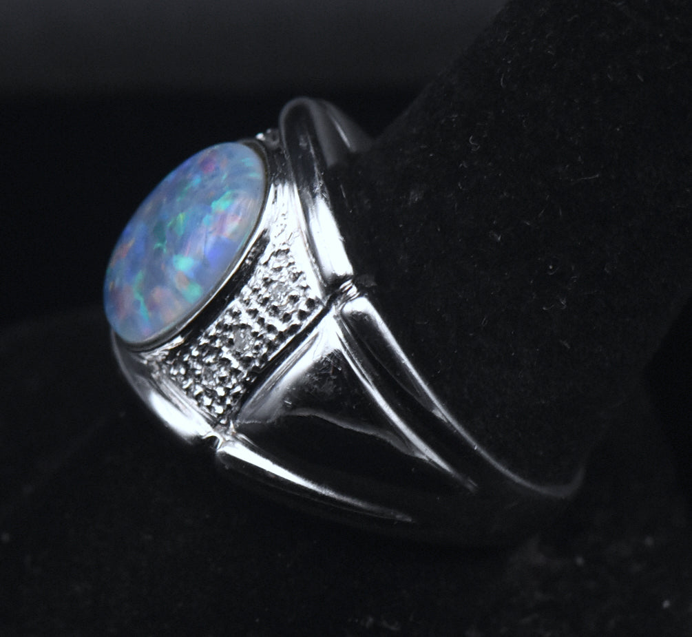 Vintage Opal Triplet and Diamonds Sterling Silver Ring - Size 9.25