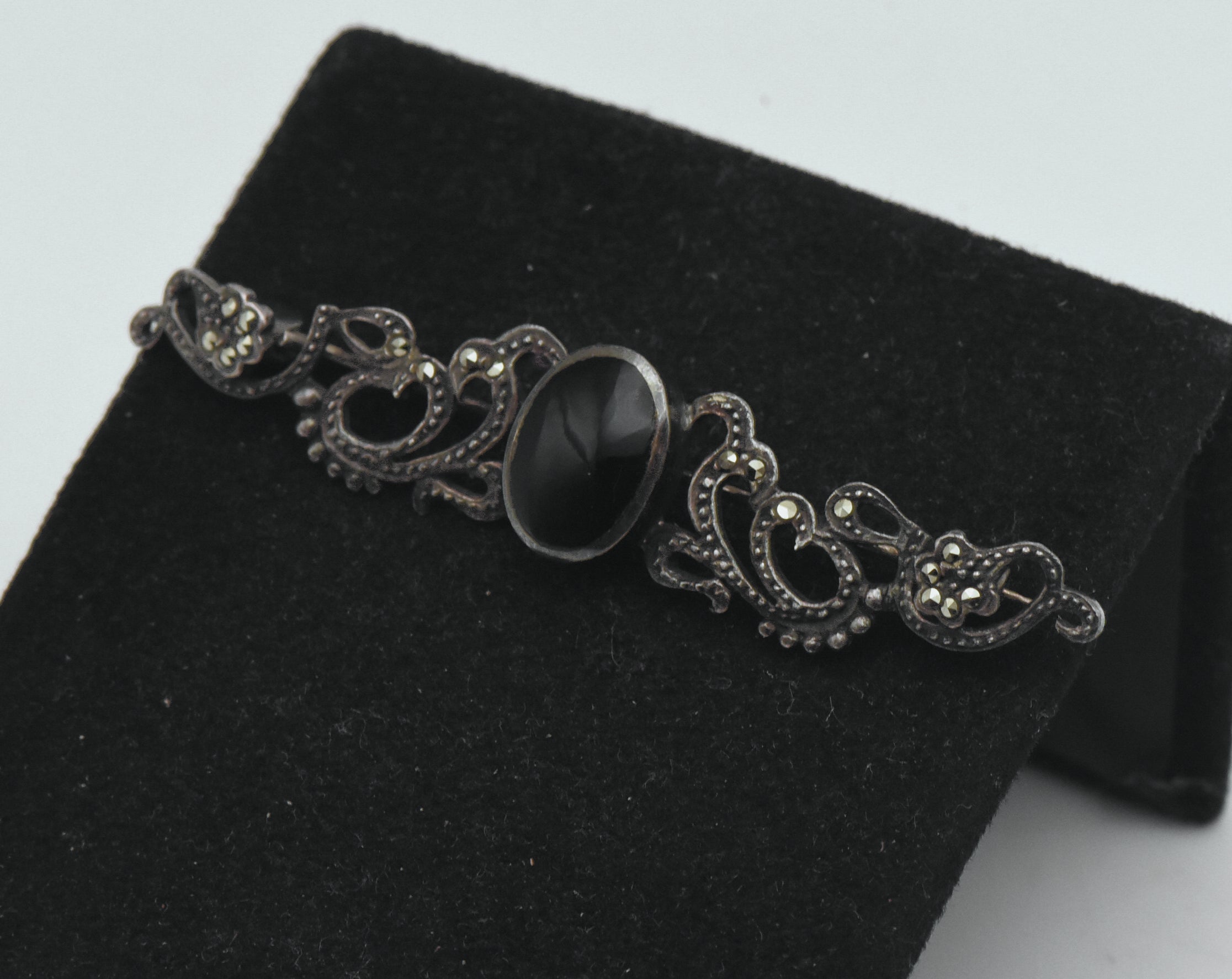 Vintage Sterling Silver Black Onyx and Marcasite Brooch