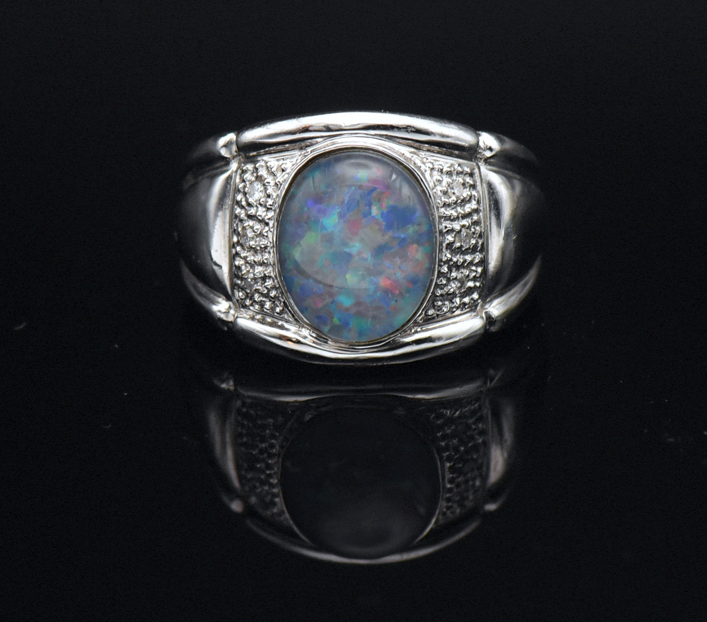 Vintage Opal Triplet and Diamonds Sterling Silver Ring - Size 9.25