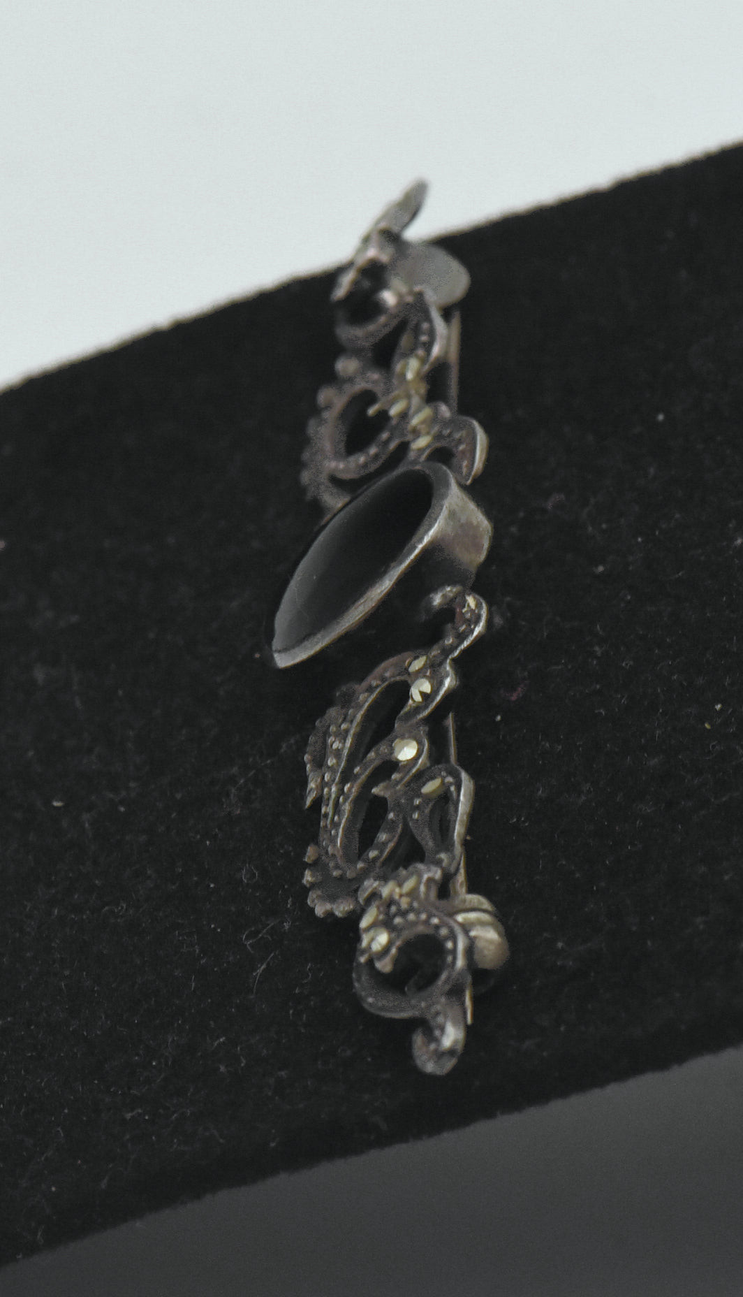 Vintage Sterling Silver Black Onyx and Marcasite Brooch