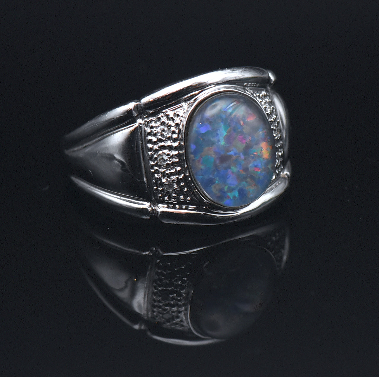 Vintage Opal Triplet and Diamonds Sterling Silver Ring - Size 9.25
