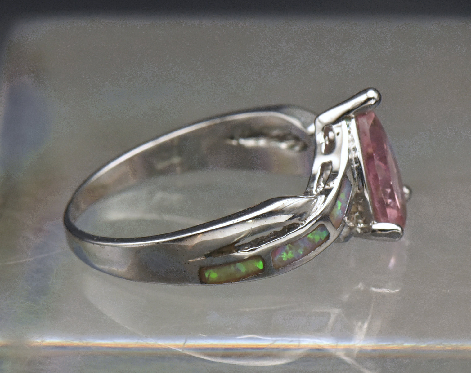 Vintage Pink Crystal and Opal Sterling Silver Ring - Size 8