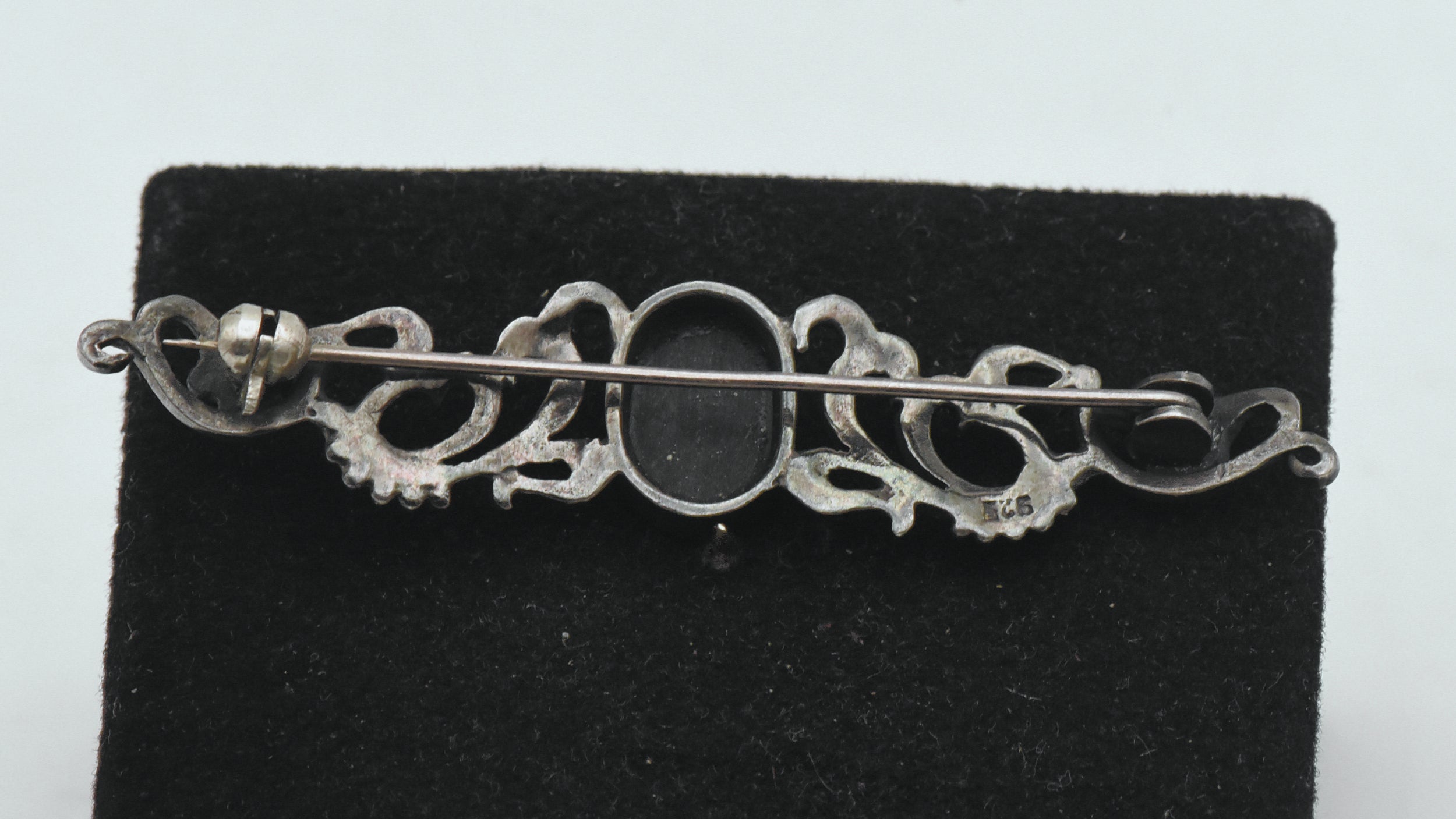 Vintage Sterling Silver Black Onyx and Marcasite Brooch