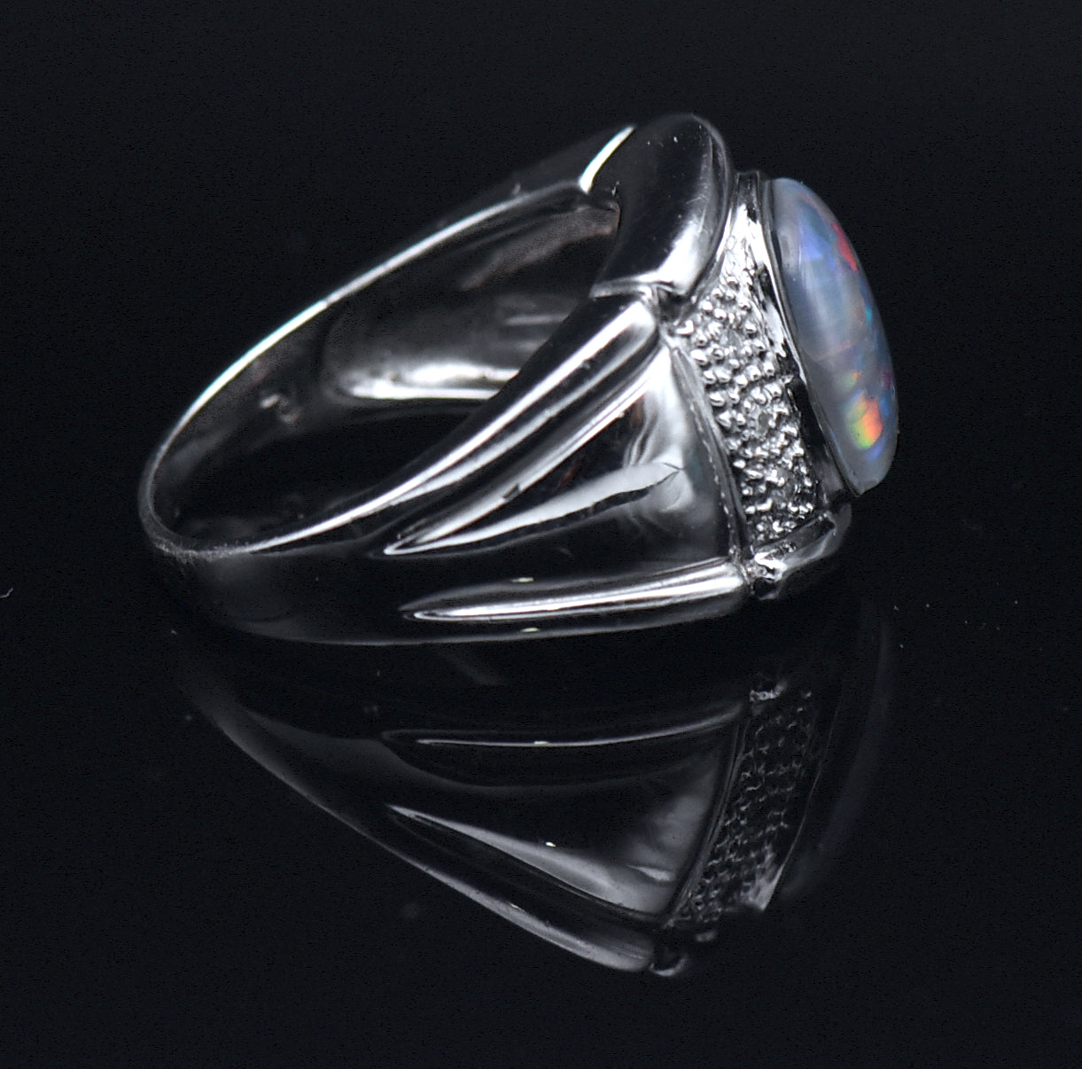 Vintage Opal Triplet and Diamonds Sterling Silver Ring - Size 9.25