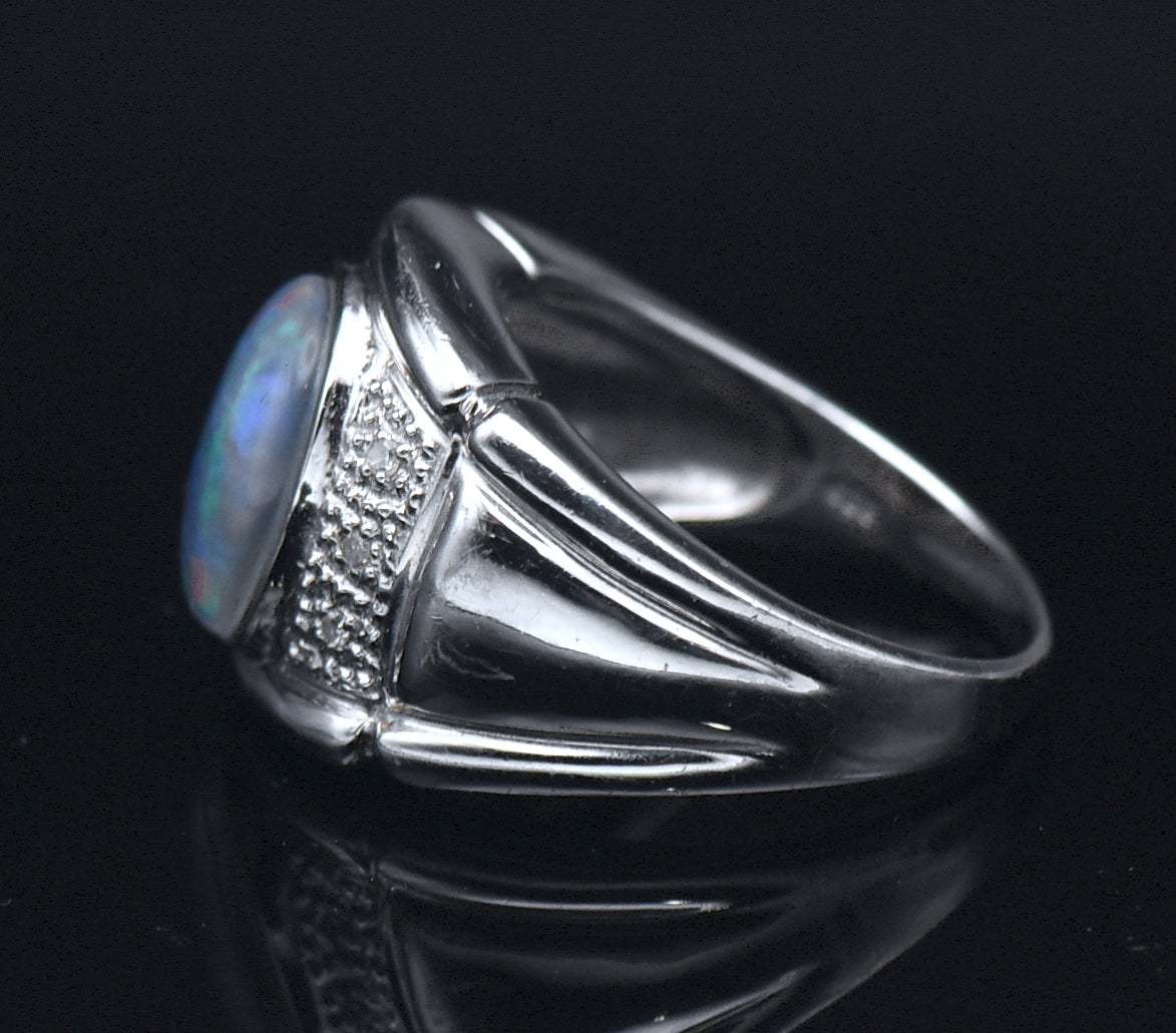 Vintage Opal Triplet and Diamonds Sterling Silver Ring - Size 9.25