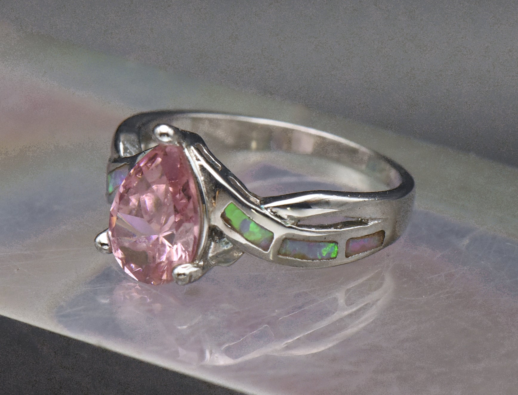 Vintage Pink Crystal and Opal Sterling Silver Ring - Size 8