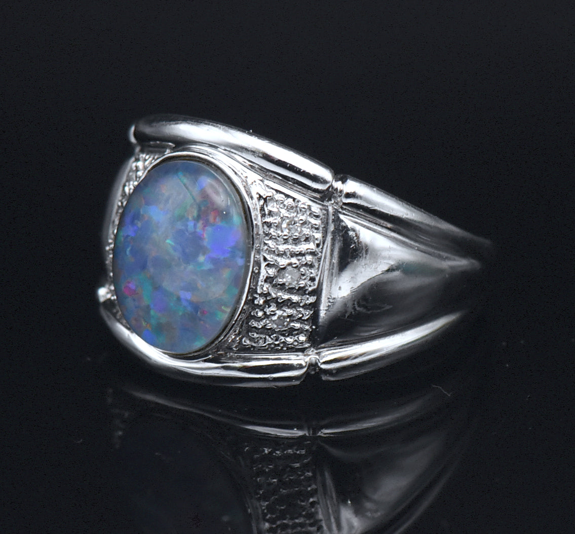 Vintage Opal Triplet and Diamonds Sterling Silver Ring - Size 9.25