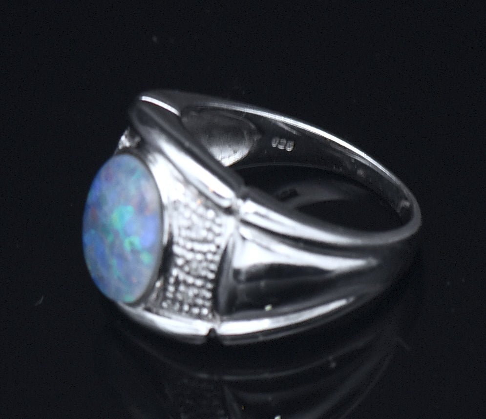 Vintage Opal Triplet and Diamonds Sterling Silver Ring - Size 9.25