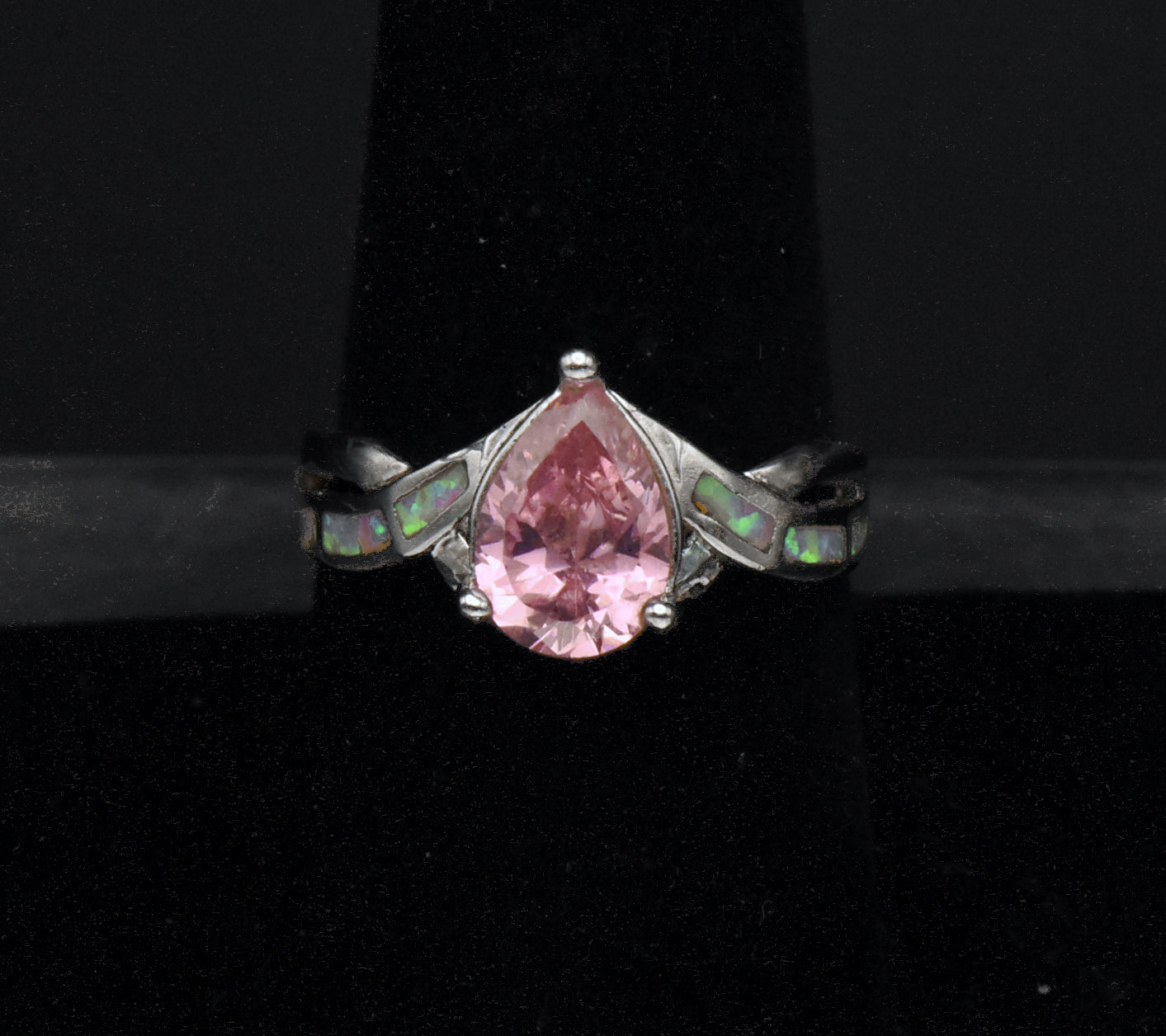 Vintage Pink Crystal and Opal Sterling Silver Ring - Size 8