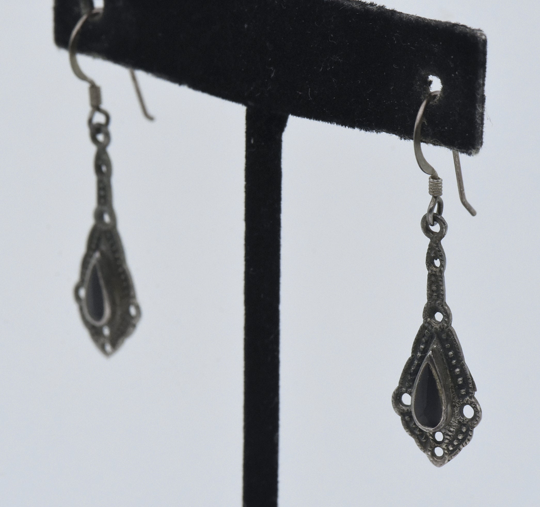 Vintage Sterling Silver Black Onyx Dangle Earrings
