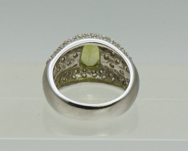 Vintage Sterling Silver Peridot and Rhinestones Saddle Ring - Size 6