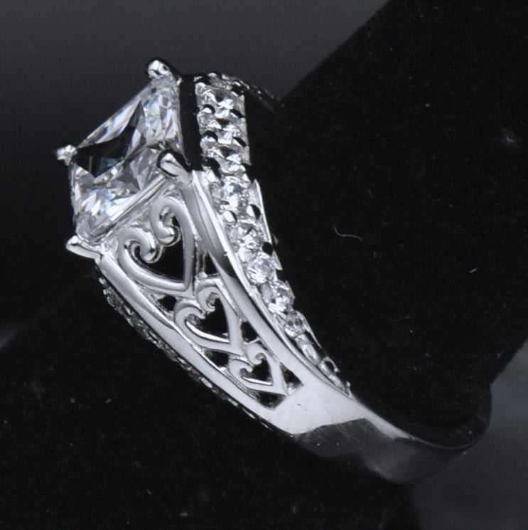 Diamonique - Sterling Silver Princess Cut Cubic Zirconia Ring - Size 6