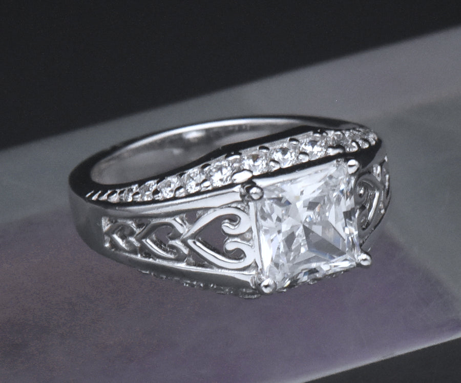 Diamonique - Sterling Silver Princess Cut Cubic Zirconia Ring - Size 6