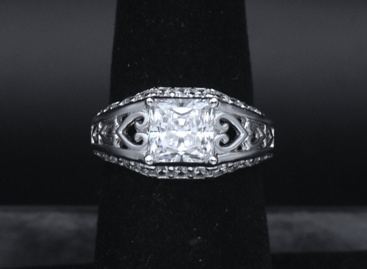 Diamonique - Sterling Silver Princess Cut Cubic Zirconia Ring - Size 6