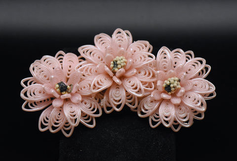 Vintage Pink Plastic Filigree Flowers Brooch