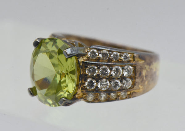 Vintage Green and Colorless CZ Gold Plated Sterling Silver Ring - Size 6