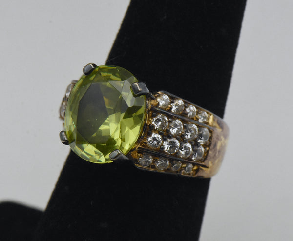 Vintage Green and Colorless CZ Gold Plated Sterling Silver Ring - Size 6