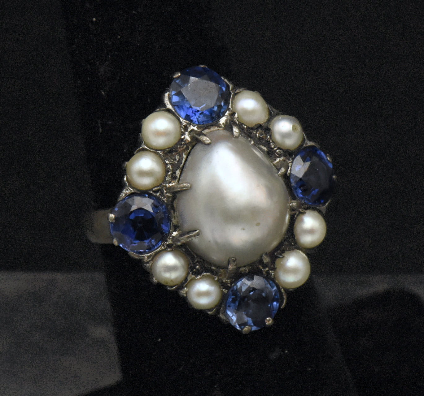 Vintage Culured Pearls and Synthetic Sapphires Sterling Silver Ring - Size 5.5