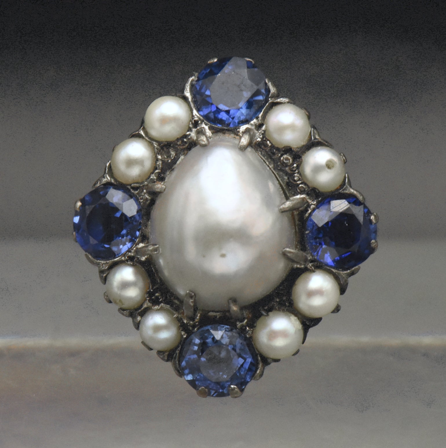 Vintage Culured Pearls and Synthetic Sapphires Sterling Silver Ring - Size 5.5