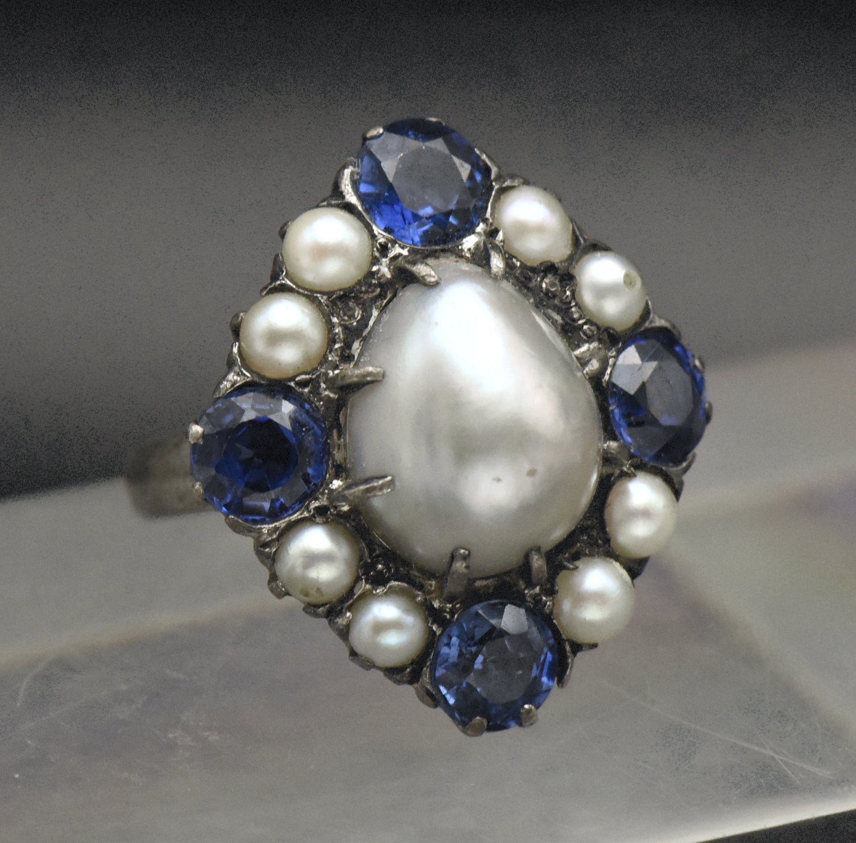 Vintage Culured Pearls and Synthetic Sapphires Sterling Silver Ring - Size 5.5