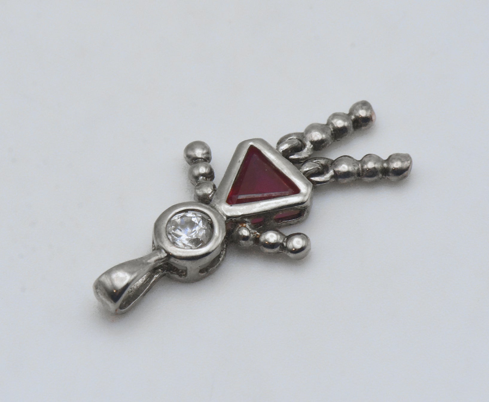 Vintage Synthetic Ruby and CZ Silver Plated Girl Stick Figure Pendant