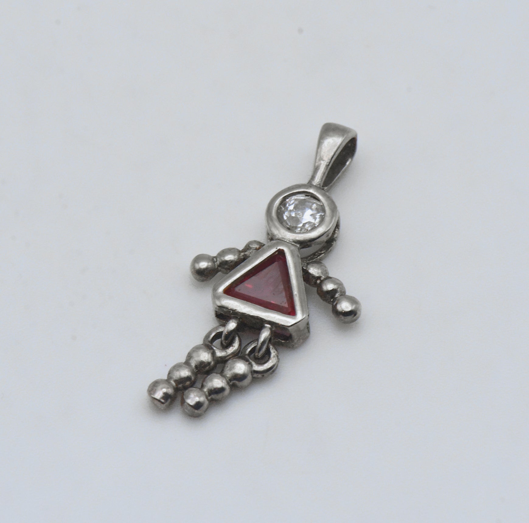 Vintage Synthetic Ruby and CZ Silver Plated Girl Stick Figure Pendant