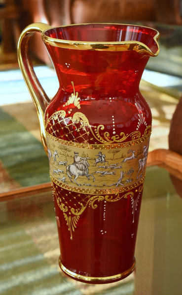 Vintage Handmade Italian Ruby Red Glass and Gilding Hunting Scene Pitcher