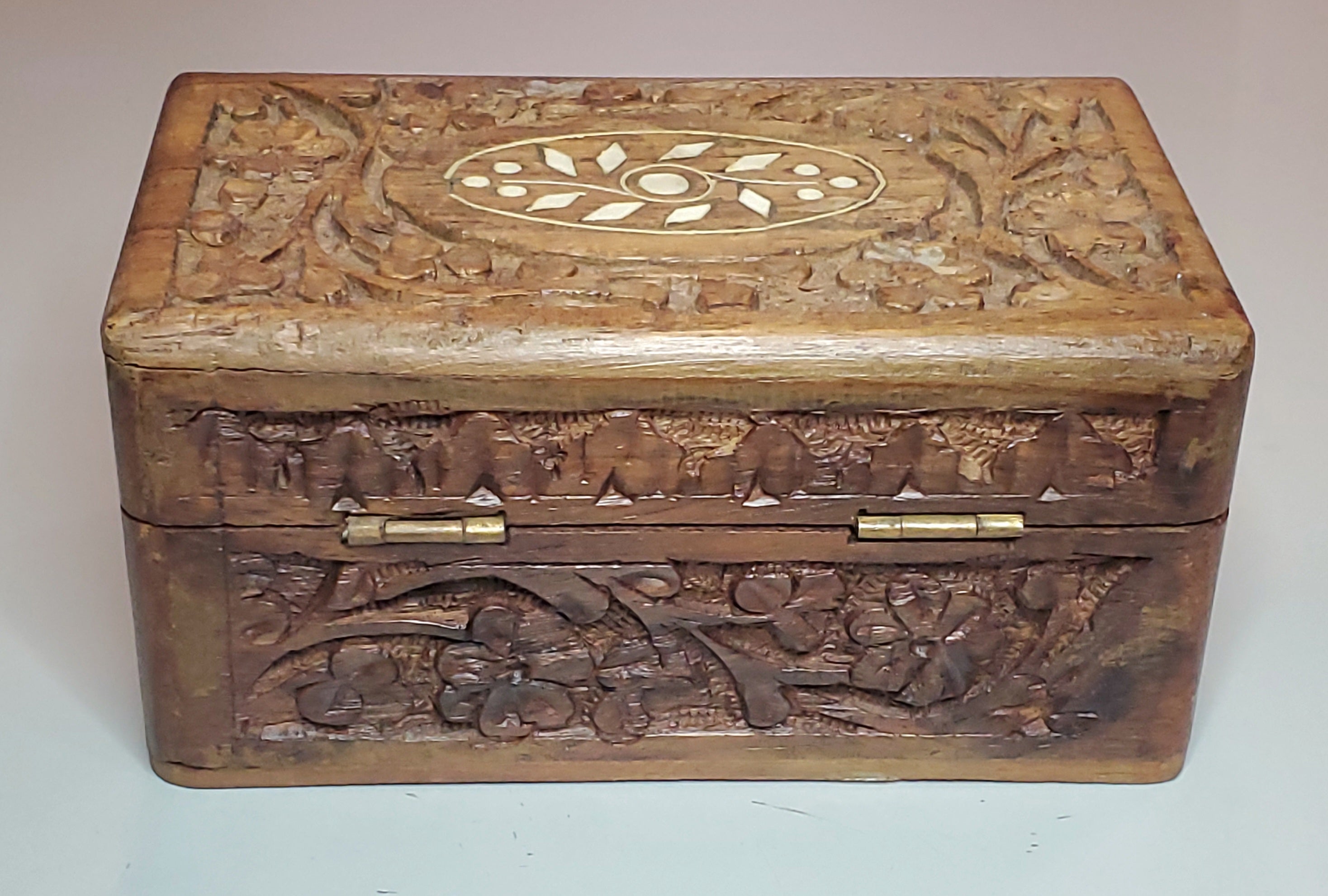 Vintage Carved Wood and Bone Inlay Jewelry Box