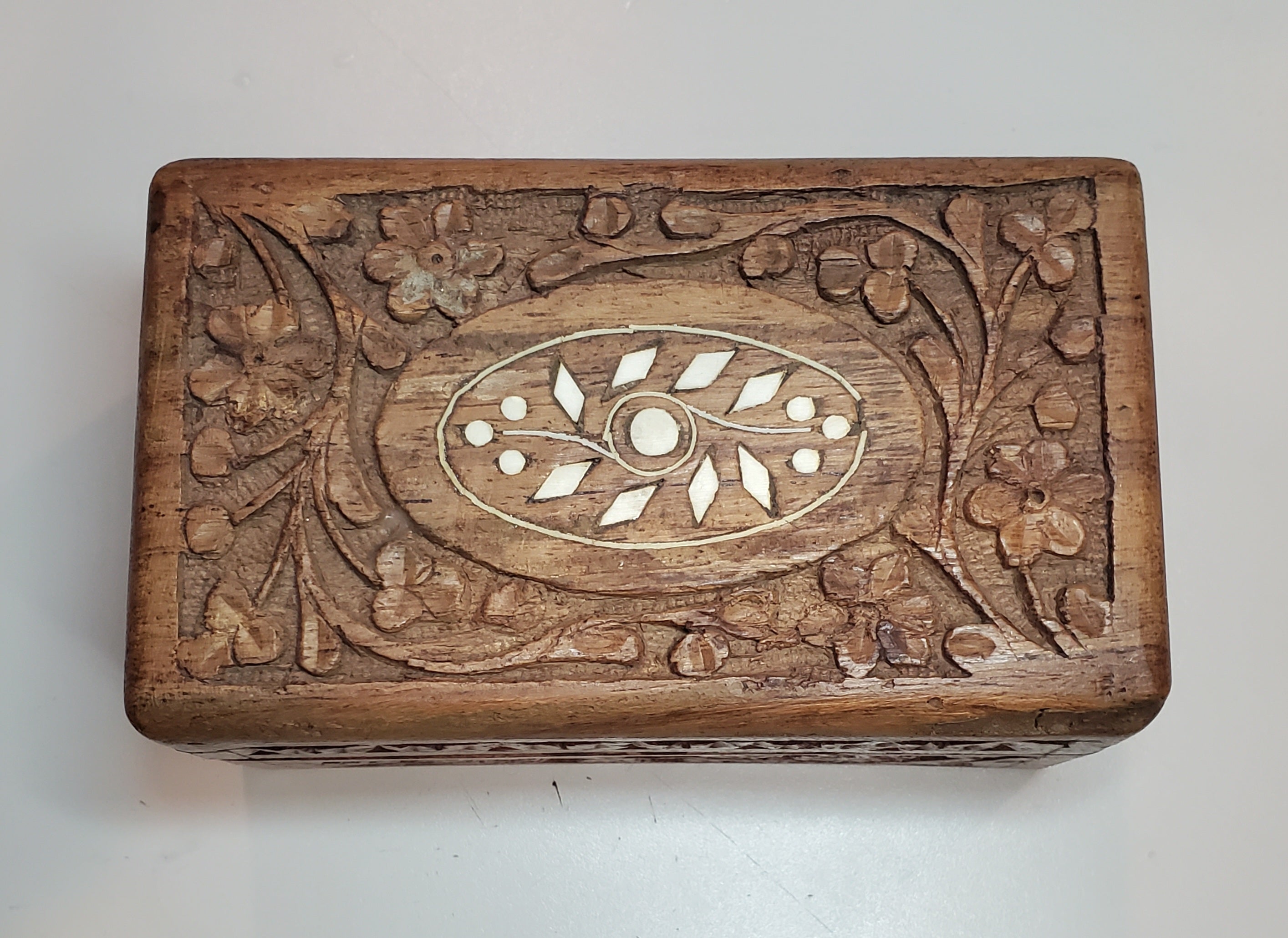Vintage Carved Wood and Bone Inlay Jewelry Box