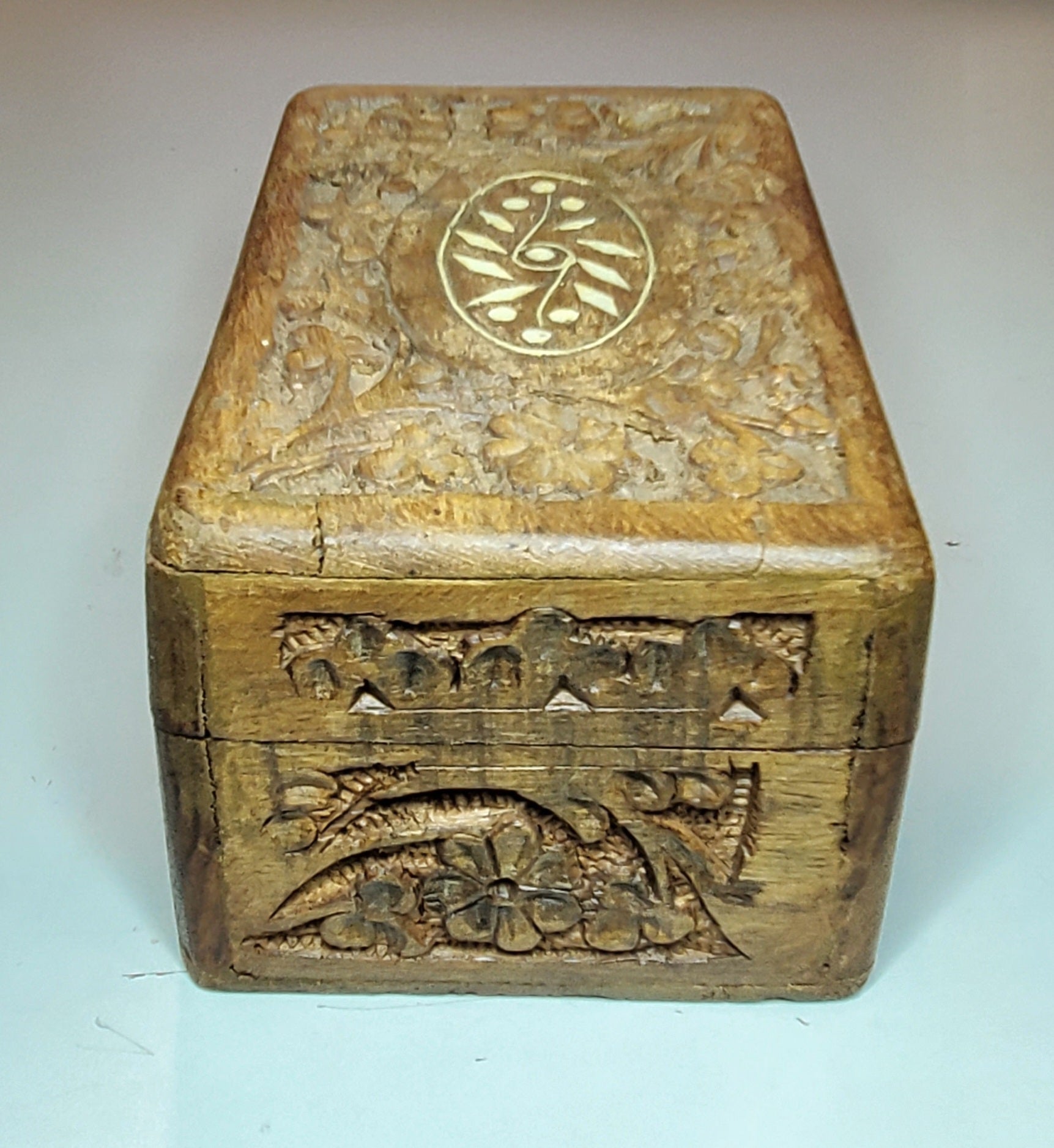 Vintage Carved Wood and Bone Inlay Jewelry Box