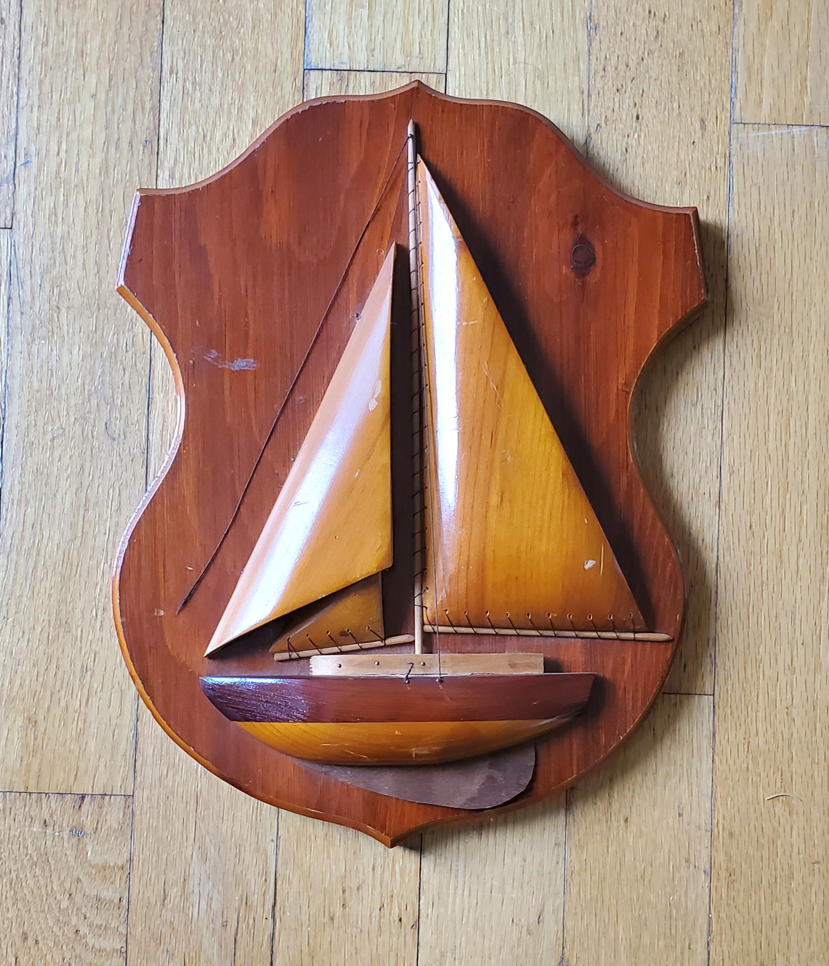 Vintage Handmade Prison Inmate Folk Art Carved Wood Sailboat Plaque