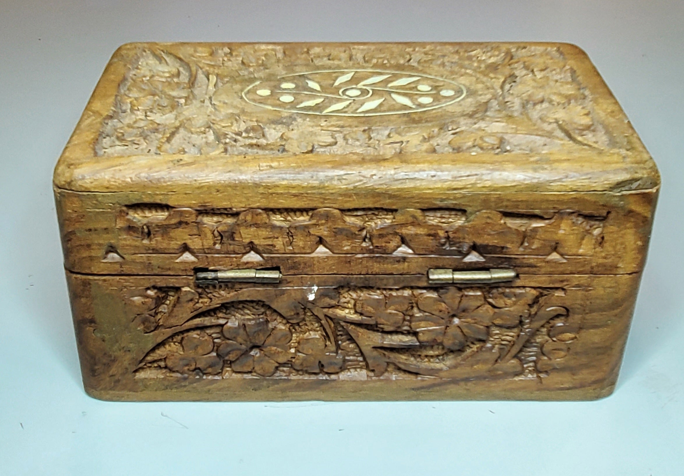 Vintage Carved Wood and Bone Inlay Jewelry Box