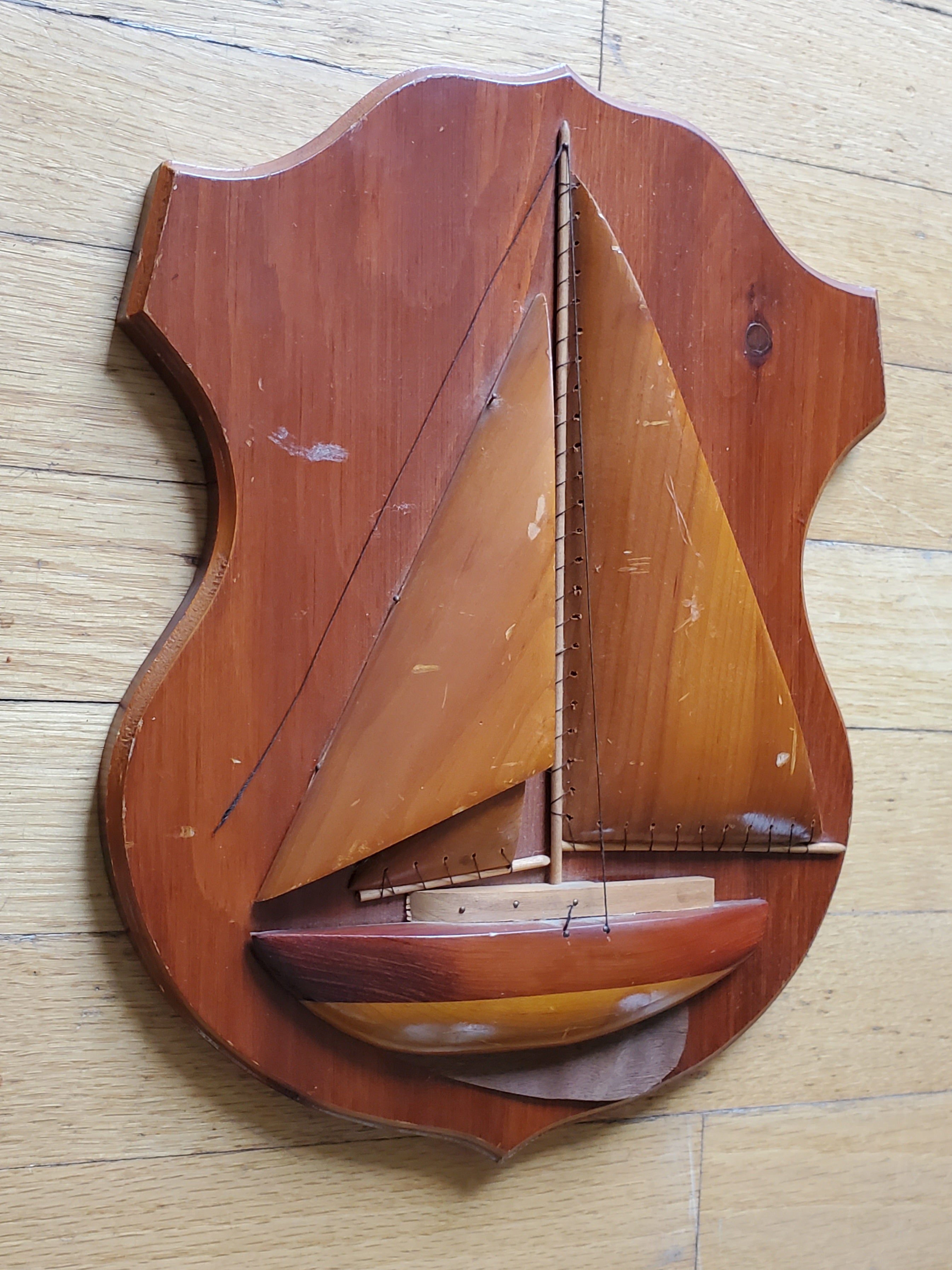 Vintage Handmade Prison Inmate Folk Art Carved Wood Sailboat Plaque