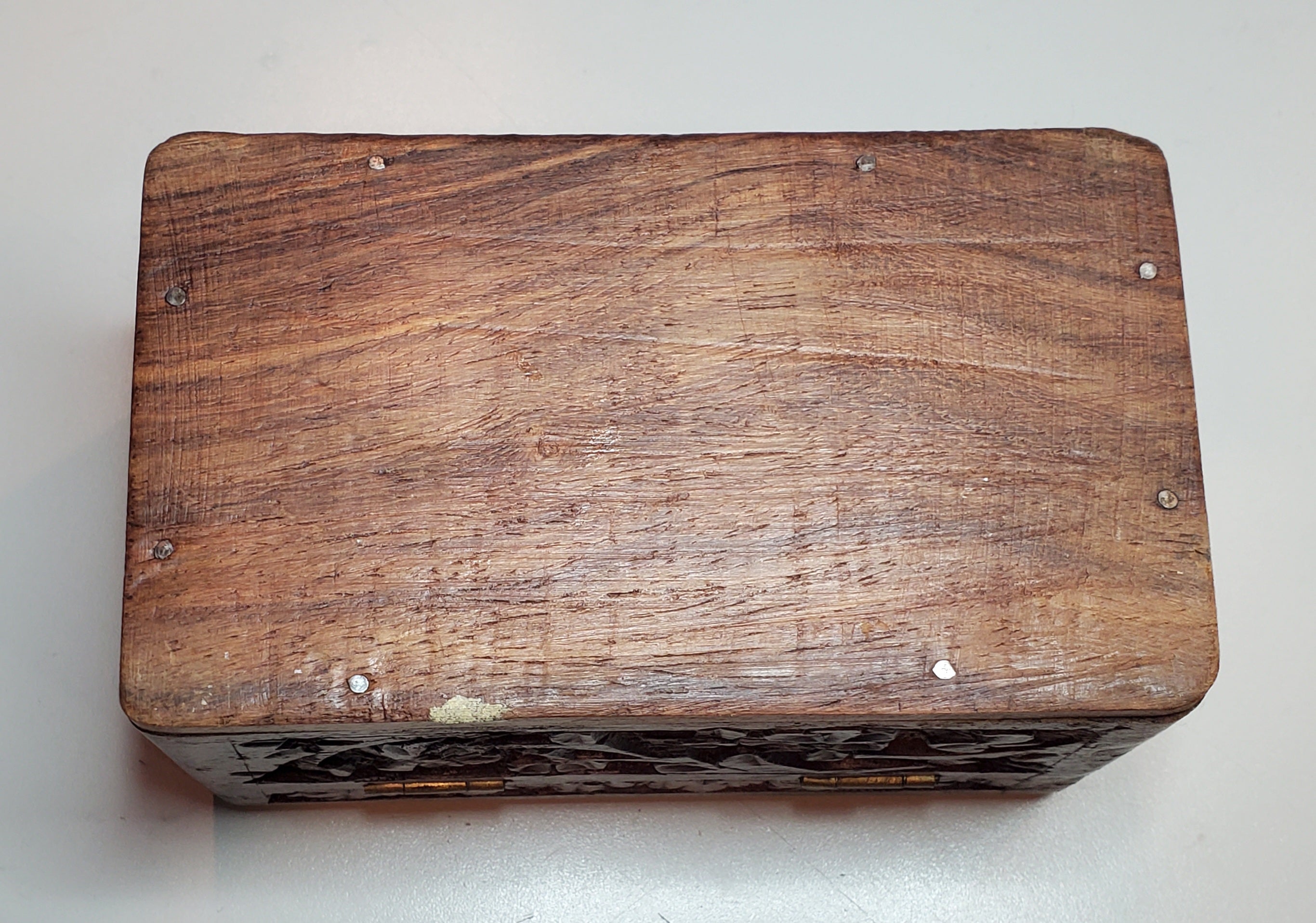 Vintage Carved Wood and Bone Inlay Jewelry Box