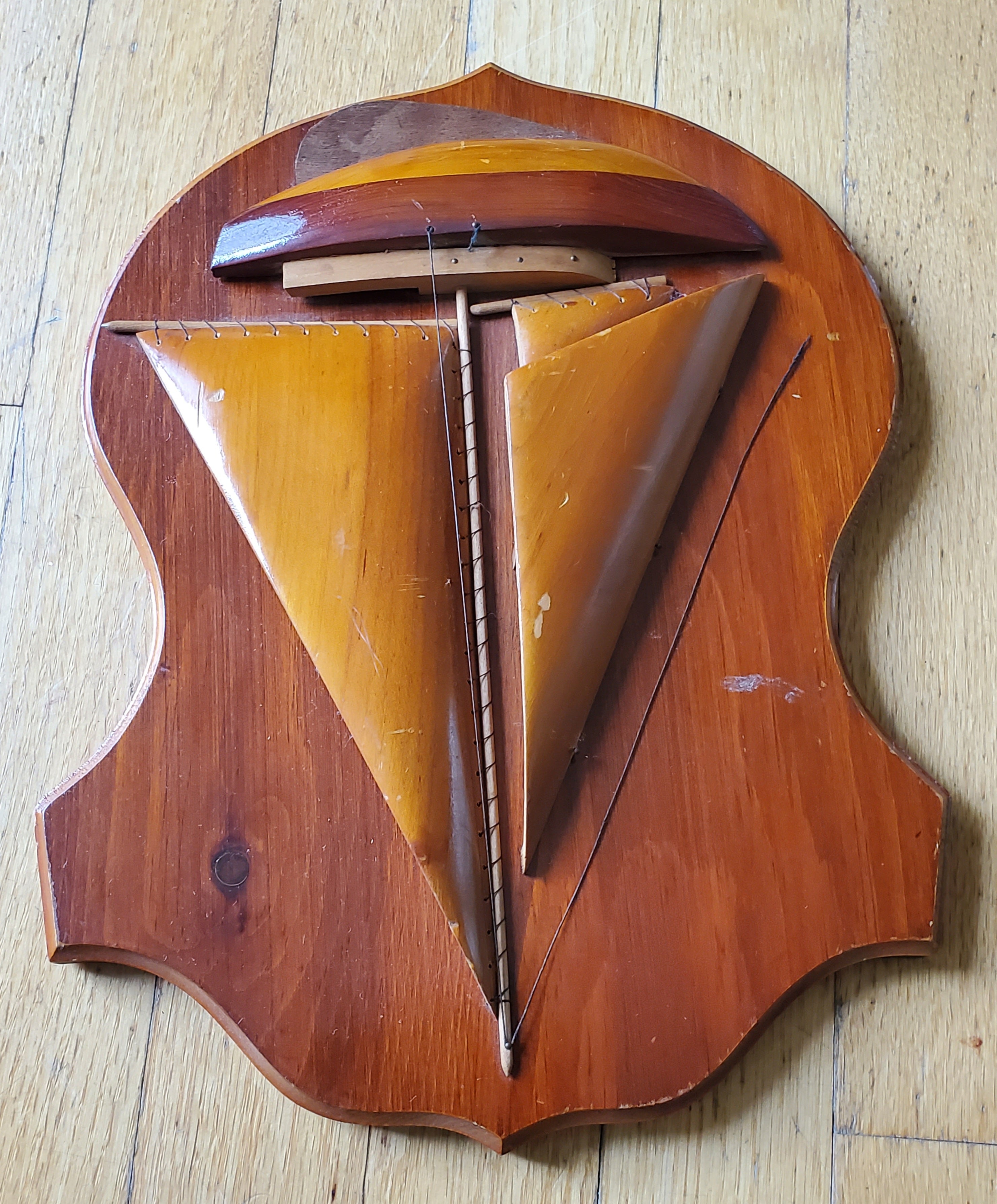 Vintage Handmade Prison Inmate Folk Art Carved Wood Sailboat Plaque