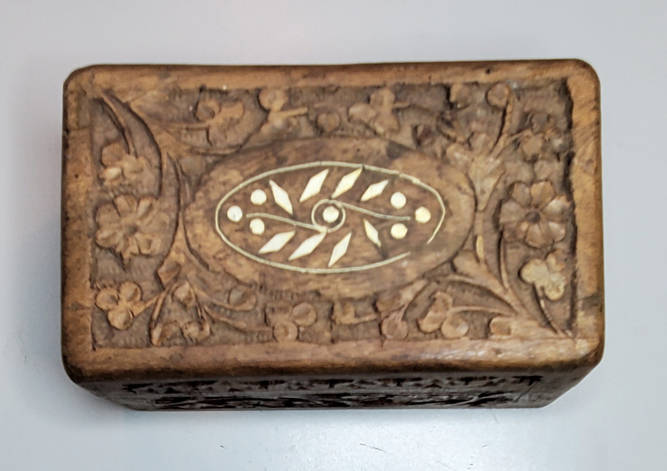 Vintage Carved Wood and Bone Inlay Jewelry Box