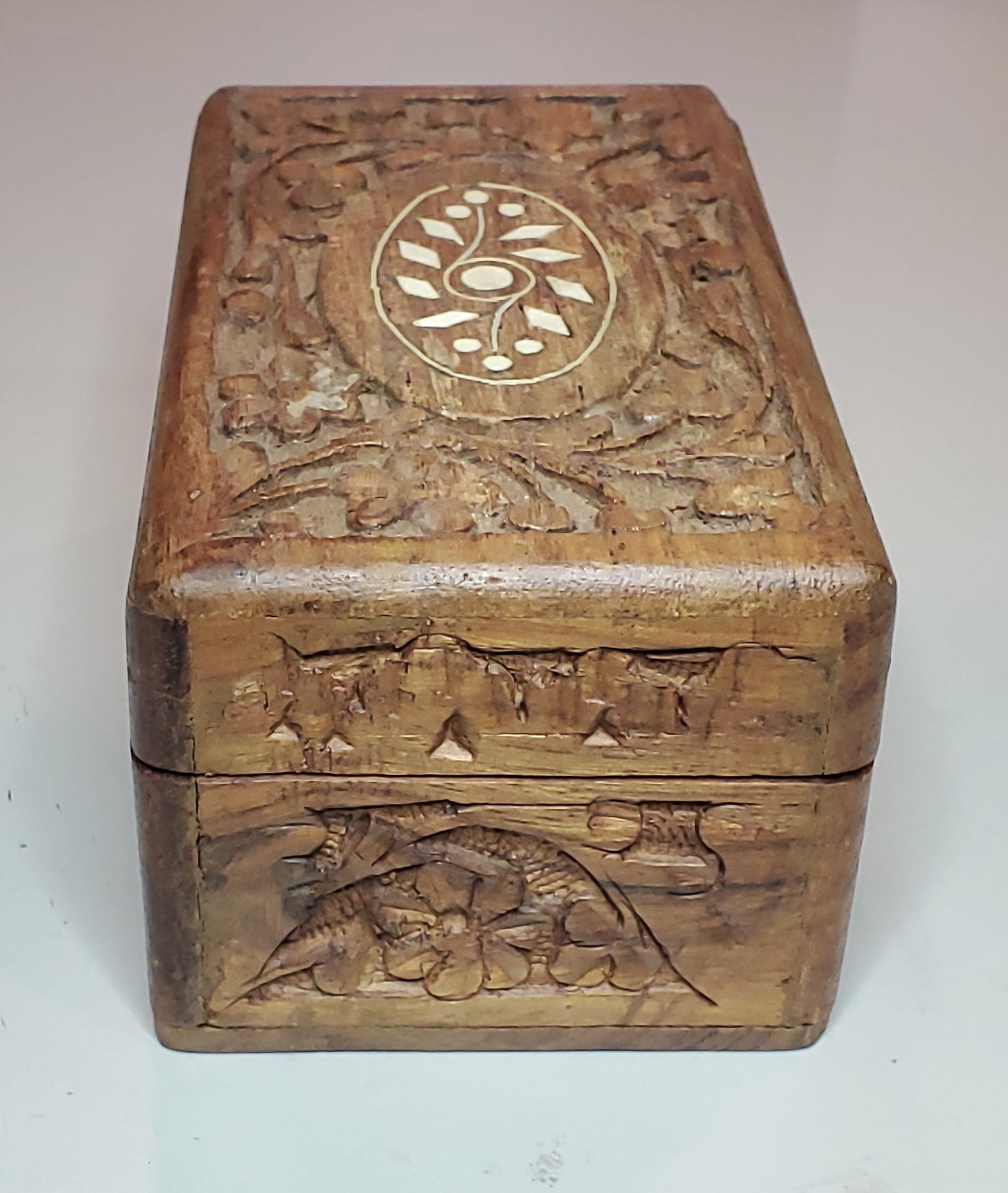 Vintage Carved Wood and Bone Inlay Jewelry Box