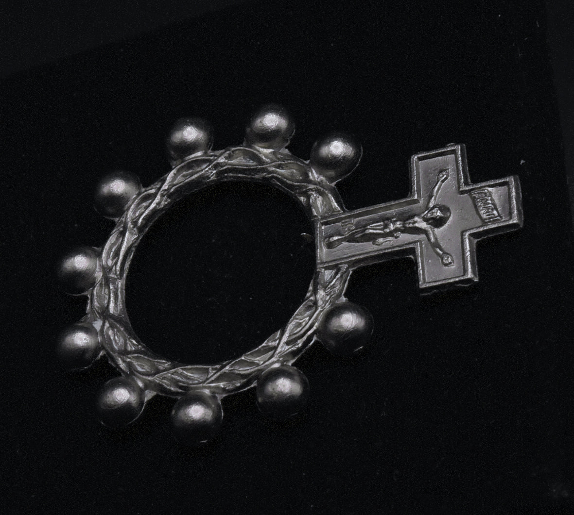 Vintage Italian Silver Tone Metal Rosary Ring - Size 8