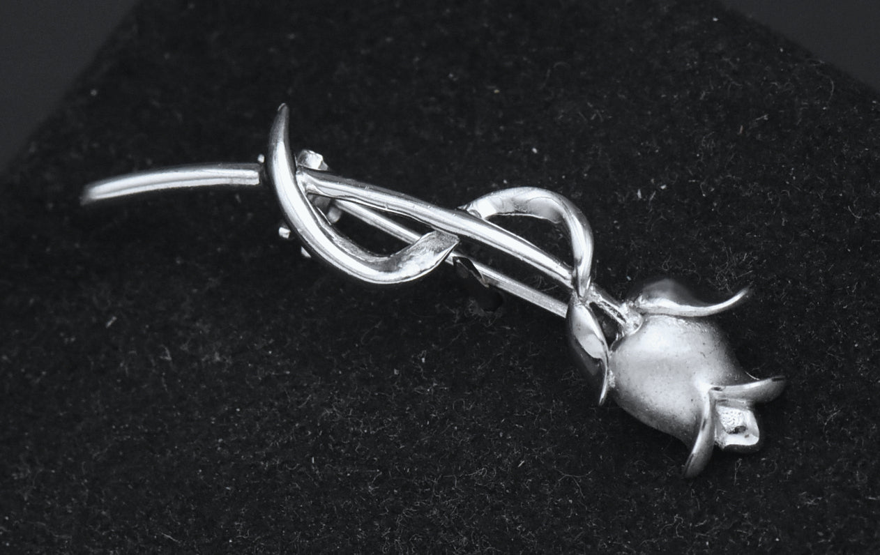 Vintage Sterling Silver Long Stem Rose Brooch