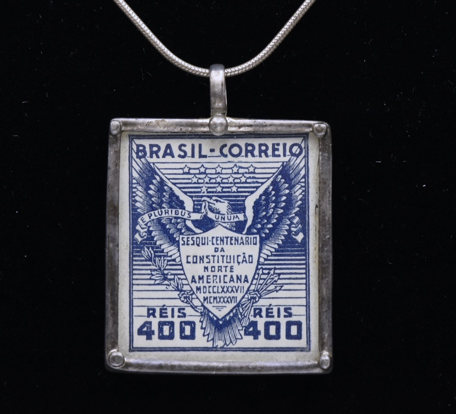 Vintage 1937 Brazilian Sesquicentennial Stamp Sterling Silver Pendant Necklace - 18"