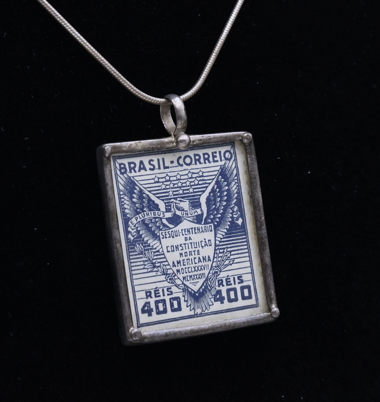 Vintage 1937 Brazilian Sesquicentennial Stamp Sterling Silver Pendant Necklace - 18"