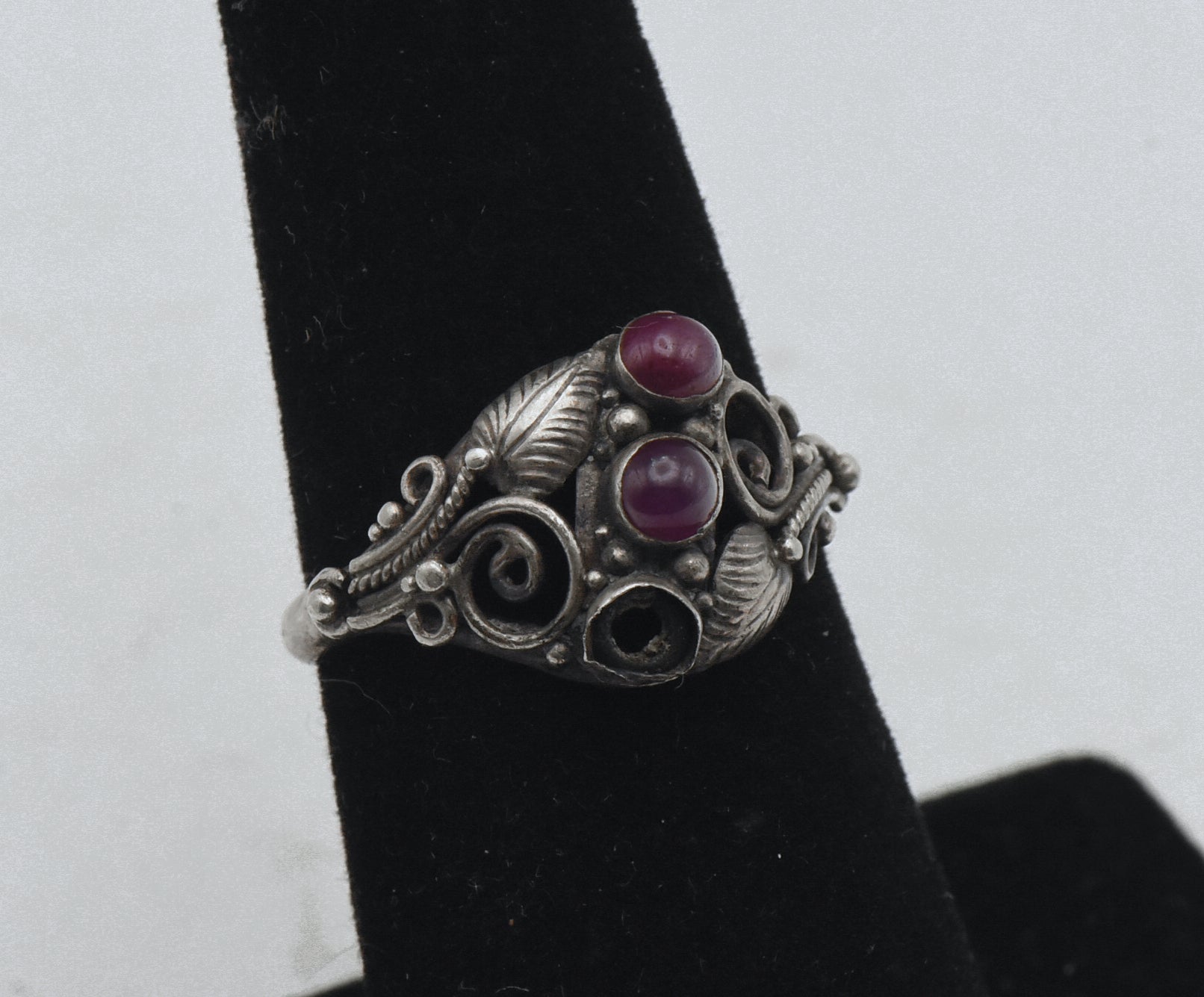 Vintage Handmade Sterling Silver and Ruby Art Nouveau Style Ring - Size 6.25