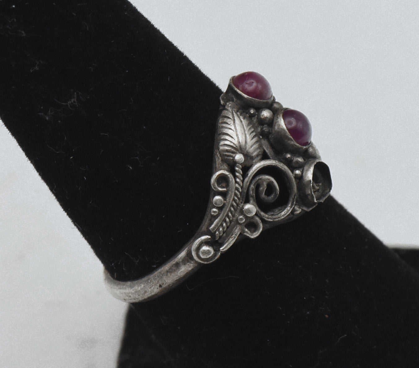 Vintage Handmade Sterling Silver and Ruby Art Nouveau Style Ring - Size 6.25