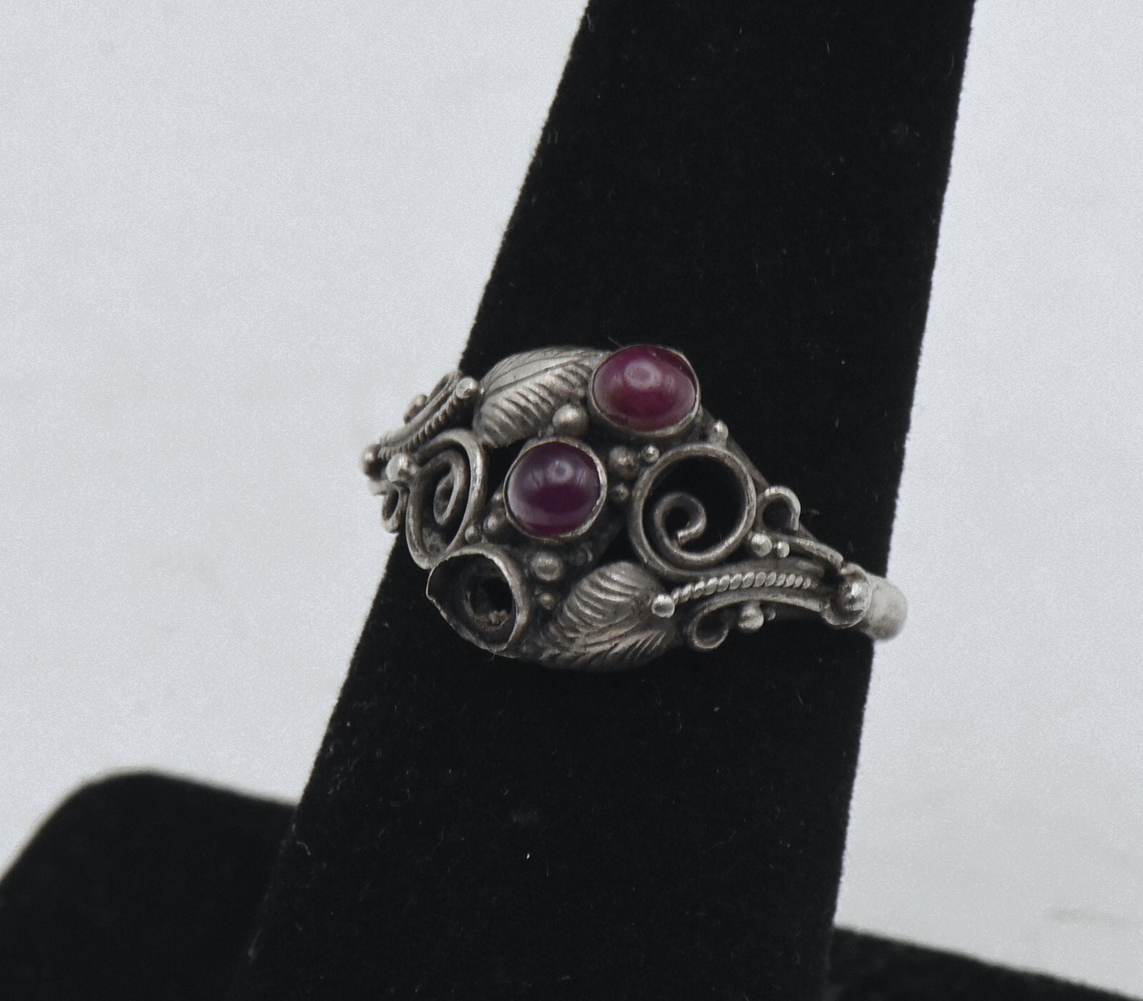 Vintage Handmade Sterling Silver and Ruby Art Nouveau Style Ring - Size 6.25