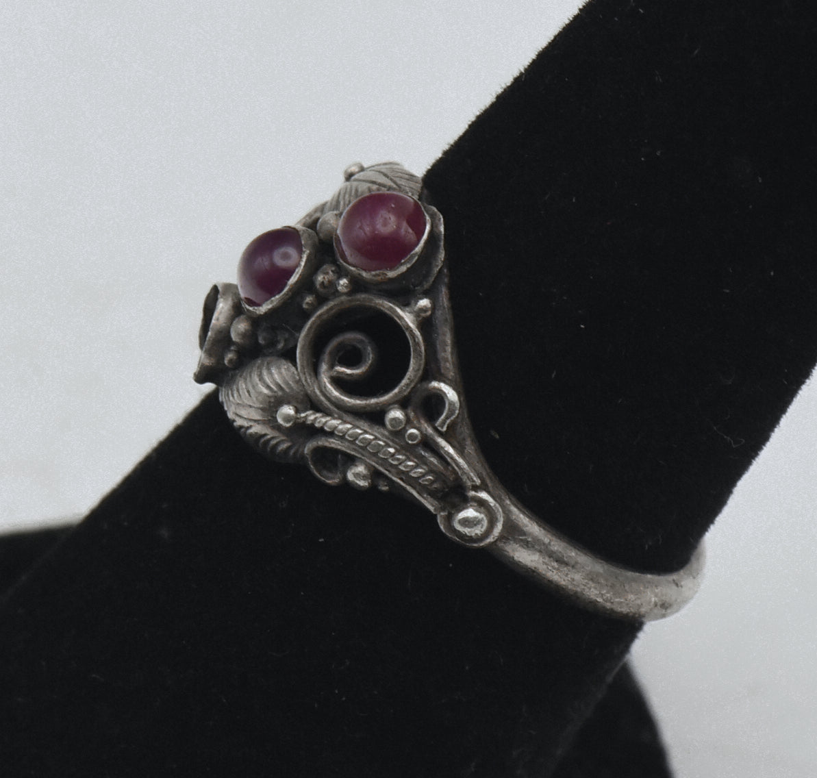 Vintage Handmade Sterling Silver and Ruby Art Nouveau Style Ring - Size 6.25