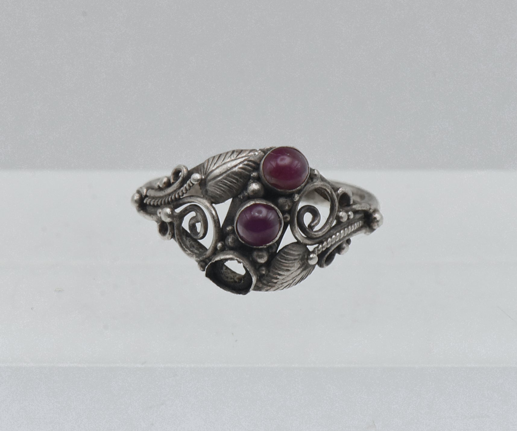 Vintage Handmade Sterling Silver and Ruby Art Nouveau Style Ring - Size 6.25