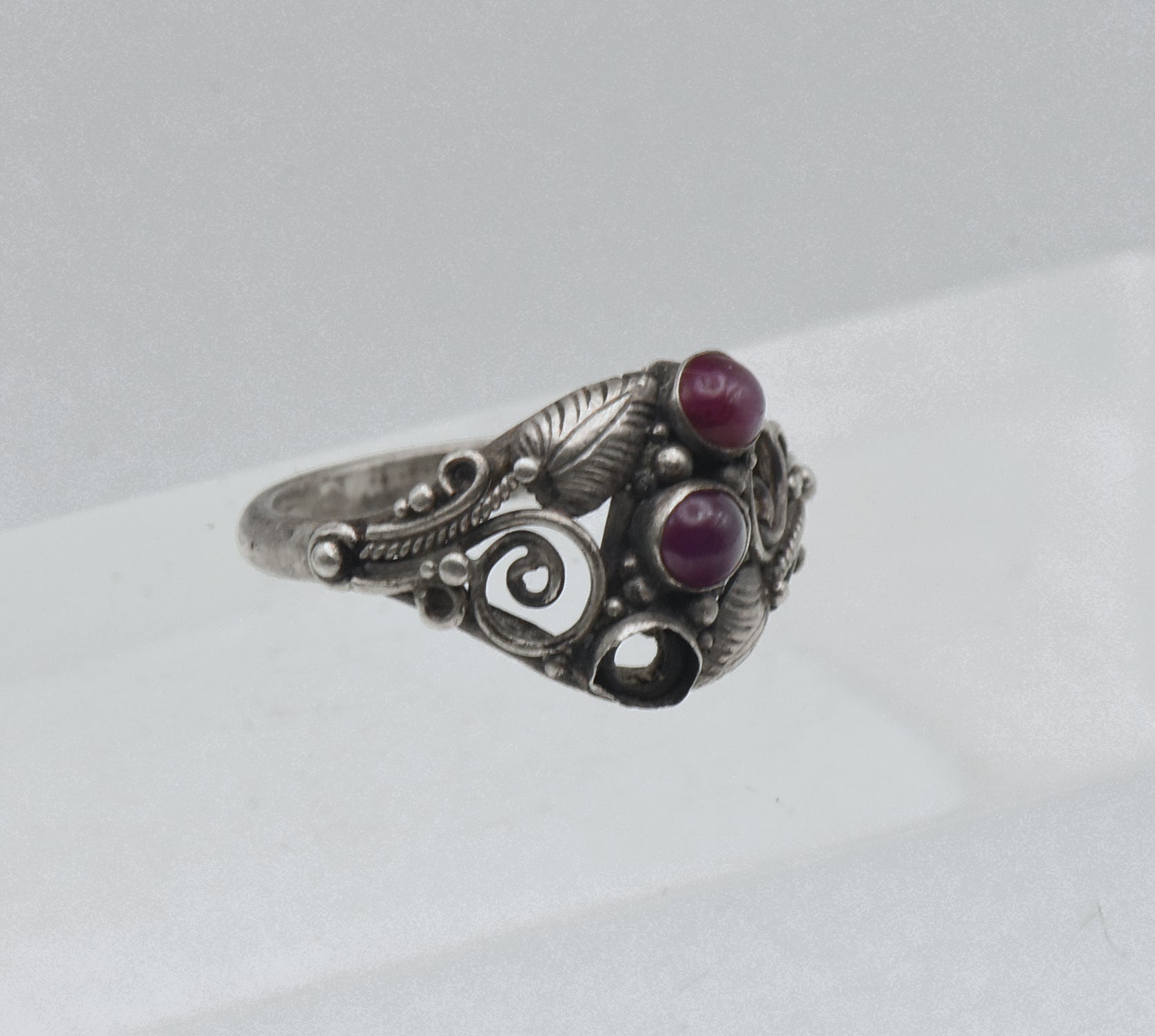 Vintage Handmade Sterling Silver and Ruby Art Nouveau Style Ring - Size 6.25