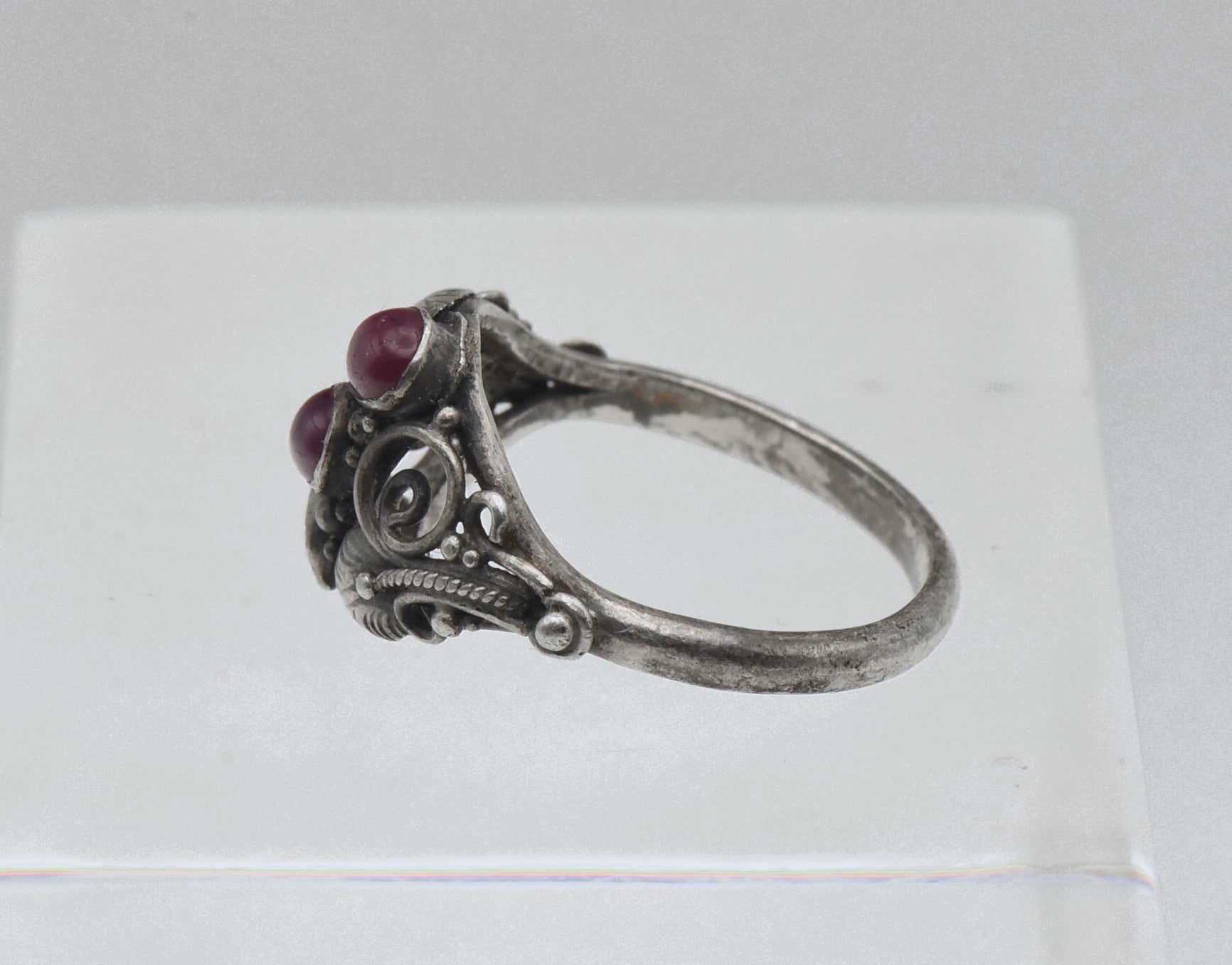 Vintage Handmade Sterling Silver and Ruby Art Nouveau Style Ring - Size 6.25