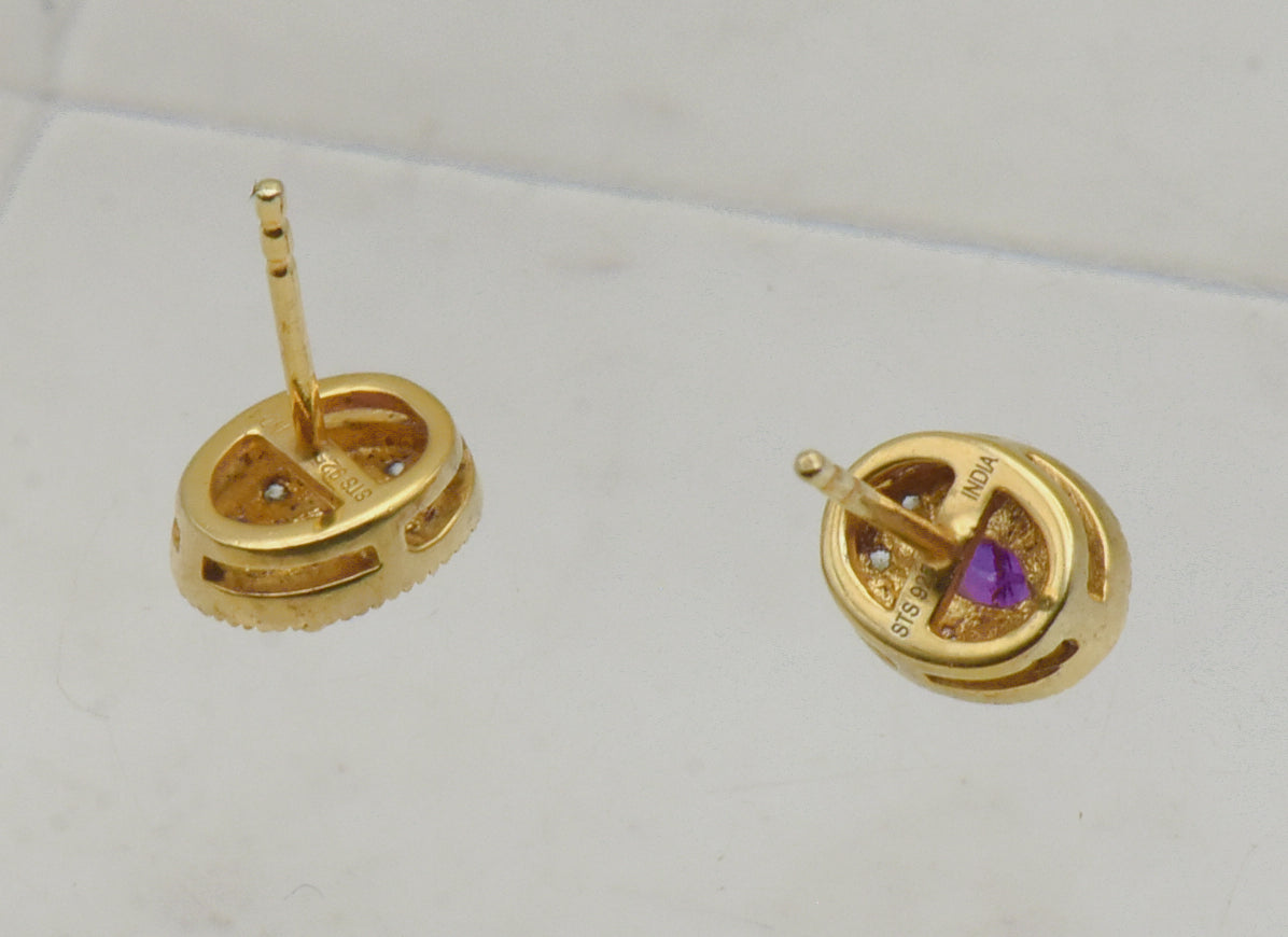 Vintage Synthetic Ruby and Topaz Gold Tone Sterling Silver Stud Earrings