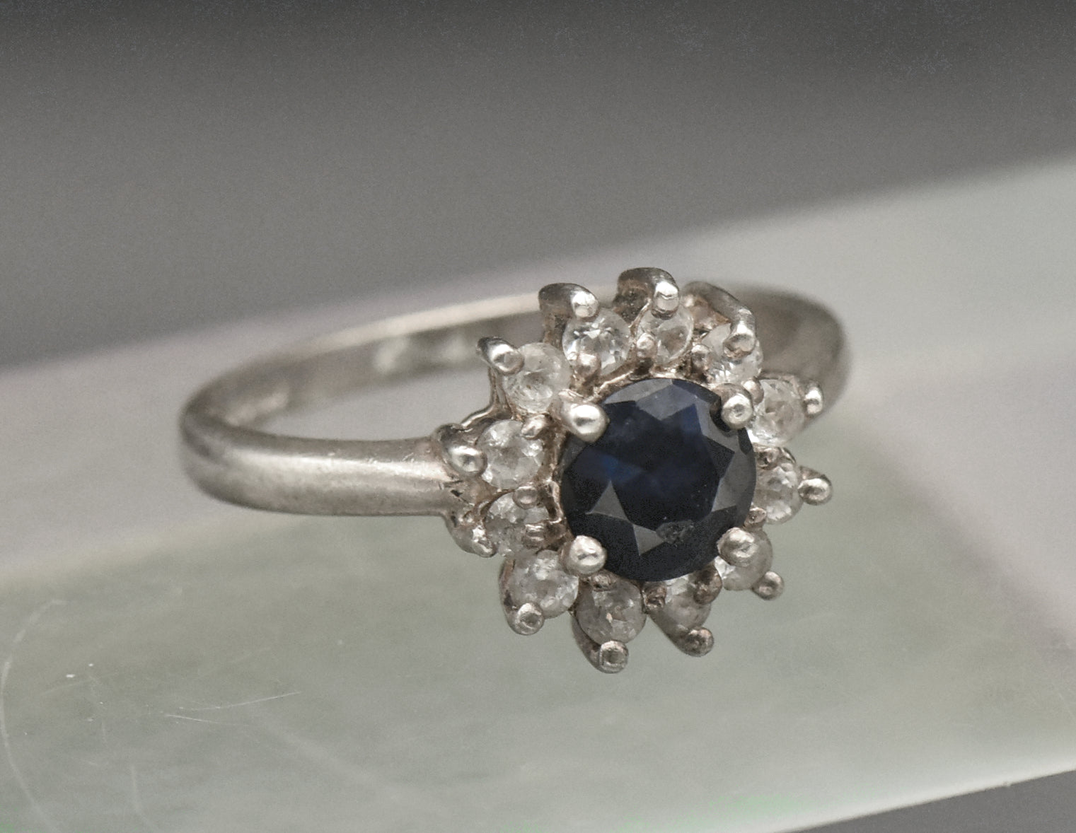 Vintage Sapphire and Topaz Sterling Silver Halo Ring - Size 7